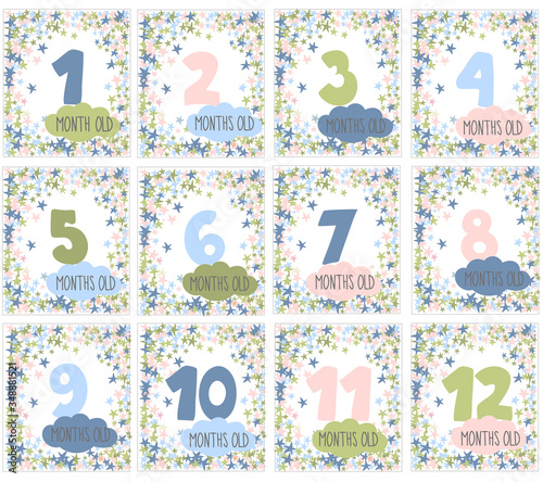 Set of baby milestone cards for boy or girl. From 1 to 12 months. Vector stickers with star frames and clouds. Modern flat design for babyshower.
