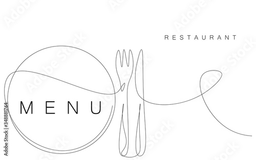 Menu restaurant background, fork and knife near plate vector illustration