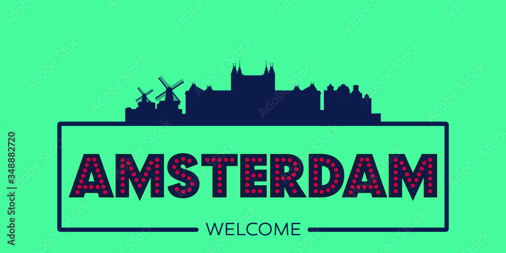 Amsterdam skyline silhouette flat design typographic vector illustration.