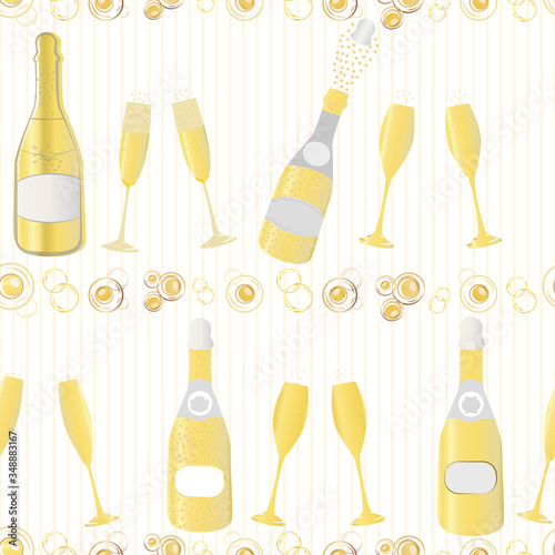 Champagne bottle vector seamless pattern background. Hand drawn bubbles, glasses geometric white gold striped backdrop. Elegant sparkling wine repeat illustration. All over print for party celebration