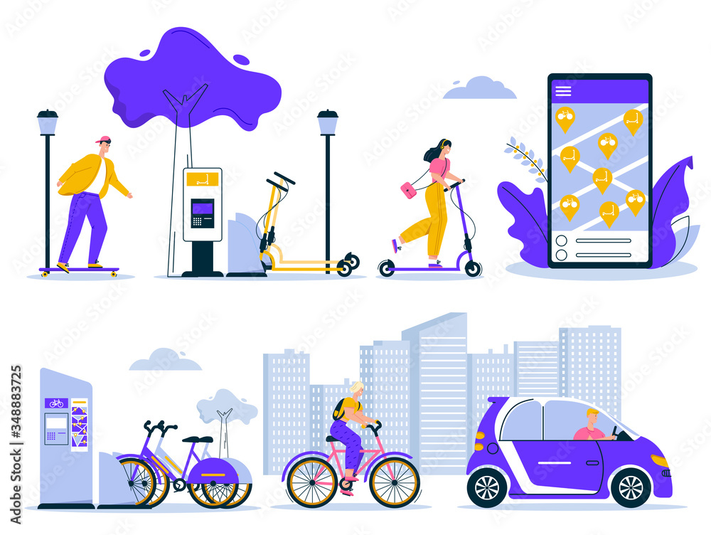 Vector character illustration of man, woman using rental service Vector character illustration of man, woman using rental service