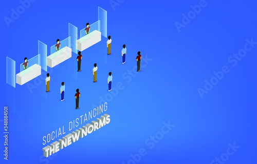 The New Norms and New normal  Social distancing measures with plastic dividers on the tables  examples for living Life After COVID-19  On Background Vector illustration