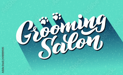 Grooming salon lettering for your business. Logo for dog hair salon, dog styling and grooming shop, store for pets. Hand draw vector illustration EPS 10 