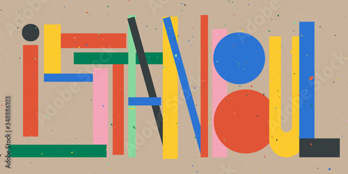 Istanbul - inscription in the style of cubism, modernism, retro. Abstract letters from geometric shapes. Blue, green, red, yellow, gray colors. Istanbul - city in Turkey. Stock vector illustration.