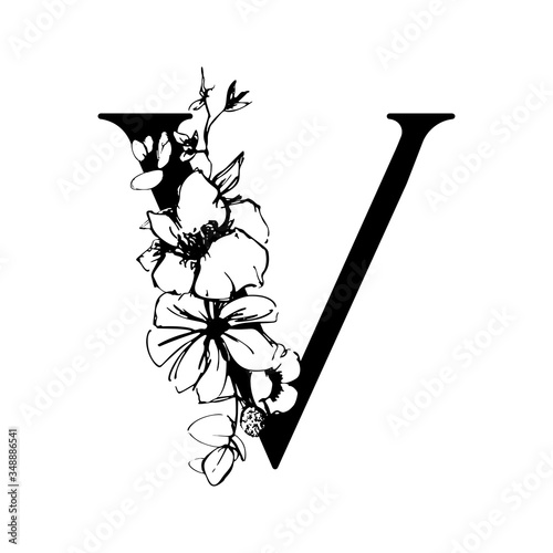 Vector flower alphabet. Floral design of letter U. Decoration of wedding  invitations, cards, business cards of florists. Large delicate flowers in a  line style Stock Vector