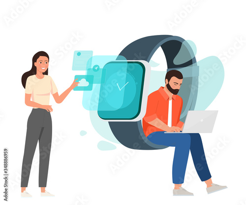 A man is programming at a laptop while sitting on a watch strap, a girl is using a gadget screen.