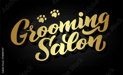 Grooming salon lettering for your business. Logo for dog hair salon, dog styling and grooming shop, store for pets. Hand draw illustration RGB