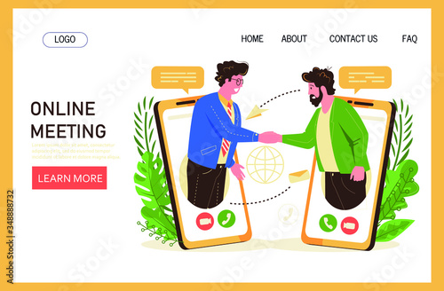 Two businessmen shake hands by video phone  chat. Video business meeting by video chat, remote meeting concept. Remote conference illustration concept for Web Page.