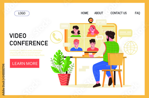 Video conference web page tamplate. Man on computer  talking with colleague. Video meeting vector illustration.