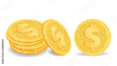 Dollar and gold digital currency and digital coding are stack on white background. Technology digital code super computer technology future concept.