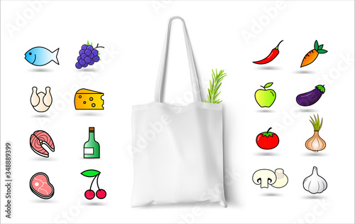 Textile tote bag for shopping mockup with set of grocery icons. Vector illustration isolated on grey background. Can be use for your design. EPS10.	