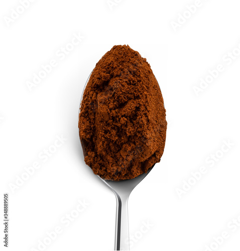 Metal spoon with grinded roasted coffee. Vector illustration isolated on white background. Ready for use in your design. EPS10.