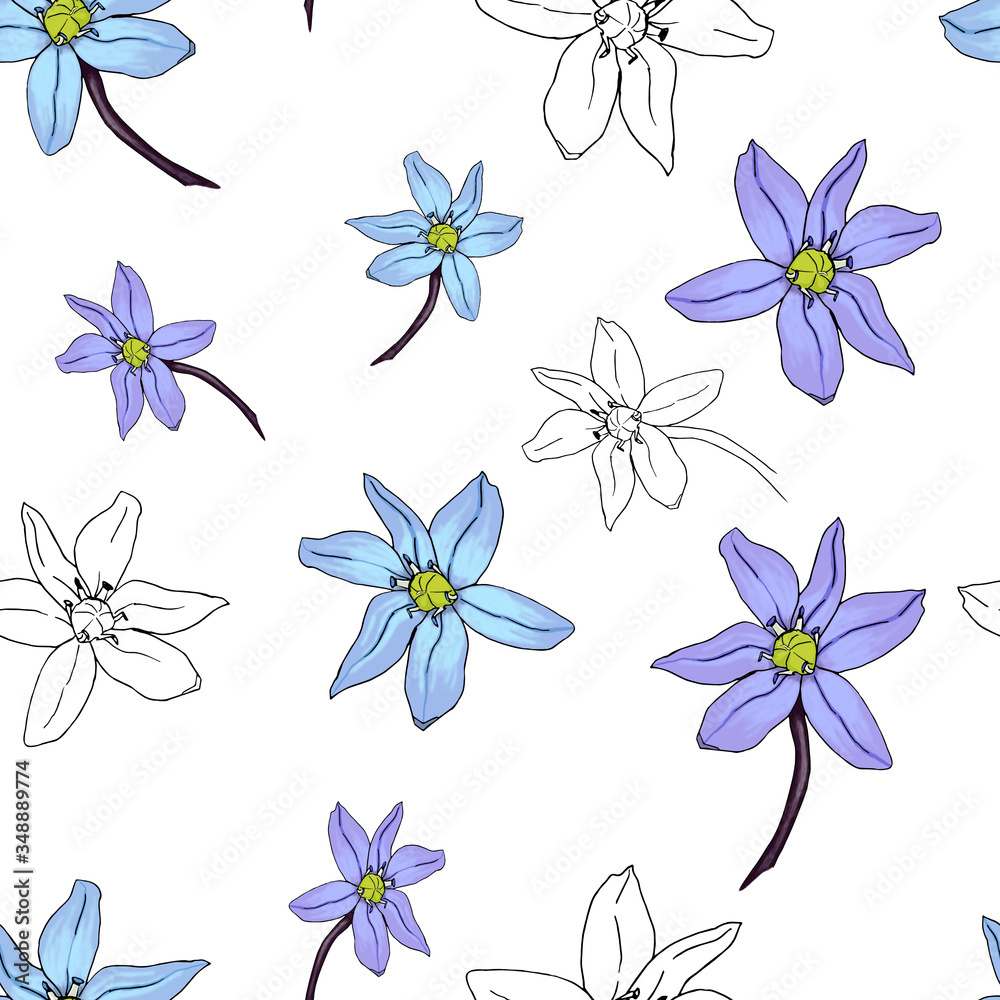 Spring blue flower seamless pattern. blue and lavander colored scilla flowers. Scylla. Botanical pattern for fabric, wrapping paper, wallpaper, textile Spring blue flower seamless pattern. blue and lavander colored scilla flowers. Scylla. Botanical pattern for fabric, wrapping paper, wallpaper, textile