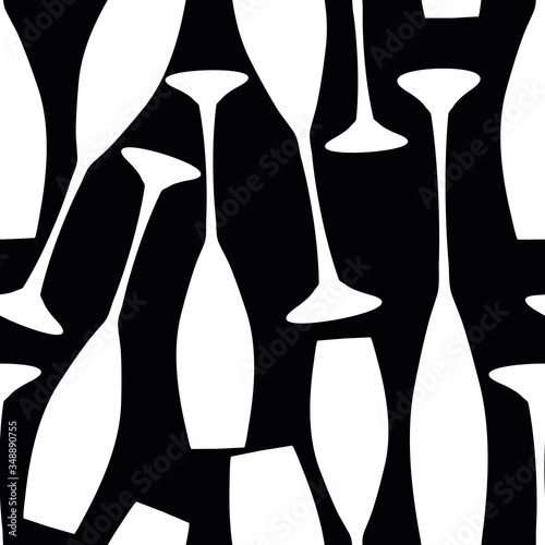 Wine glasses vector seamless pattern background. Simple silhouettes of champagne flutes white black backdrop. Elegant drinkware repeat illustration. All over print for party celebration concept