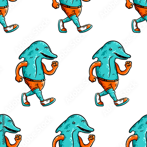 Dolphin seamless pattern. Cartoon turquoise dolphin with sneakers seamless pattern on white background isolated. Stock Vector Illustration. photo