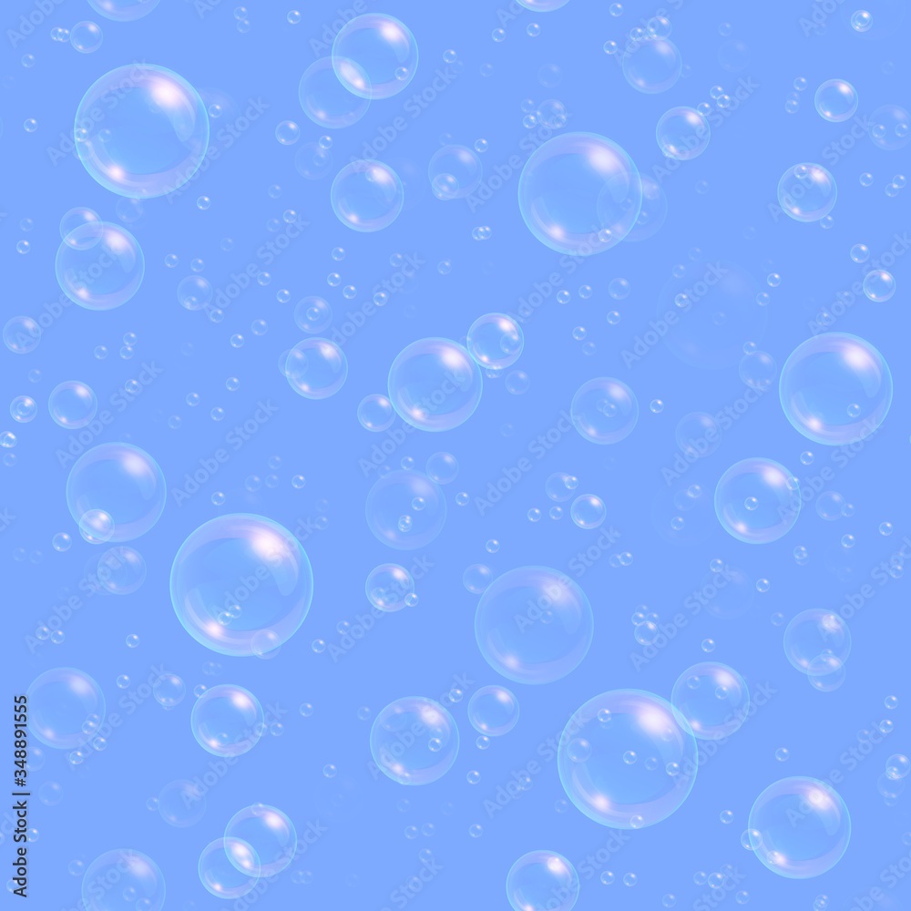Soap bubbles seamless background. Abstract floating shampoo, bath lather pattern on a blue backdrop. Realistic vector illustration.
