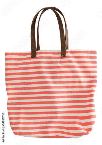 Red striped cotton shopping bag with leather handles isolated on white