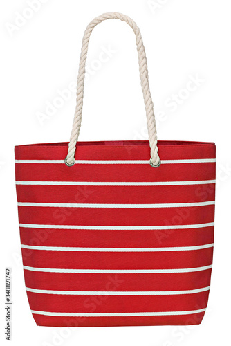 Red striped cotton shopping bag with handles isolated on white