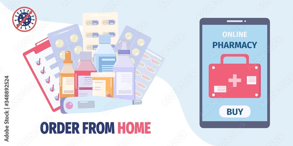Online pharmacy and order medicine from home concept. Mobile app for order pills and drugs via internet. Health care and medical concept. Vector illustration in flat style for banner, poster. Online pharmacy and order medicine from home concept. Mobile app for order pills and drugs via internet. Health care and medical concept. Vector illustration in flat style for banner, poster.