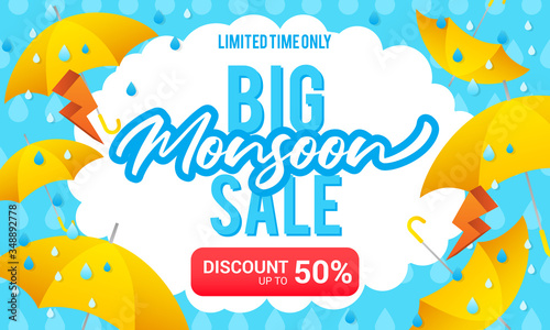 Big Monsoon Sale Vector Illustration. Yellow umbrellas on blue raindrops pattern background