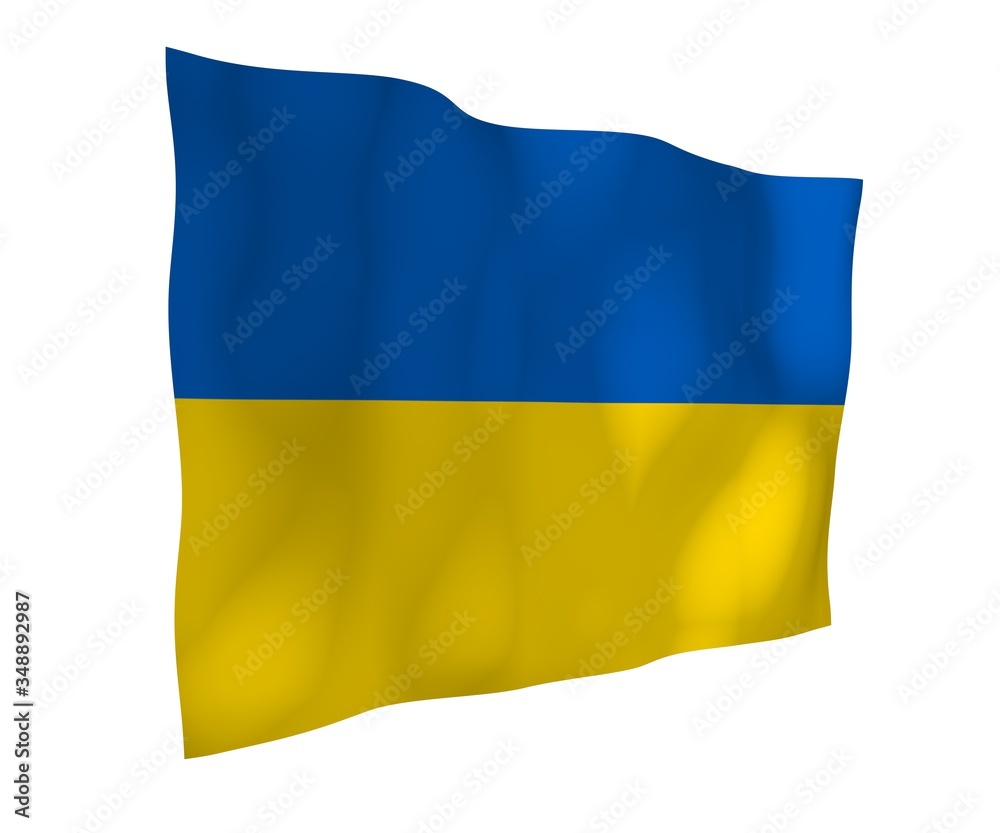 The flag of Ukraine on a white background. National flag and state ensign. Blue and yellow bicolour. 3D illustration waving flag The flag of Ukraine on a white background. National flag and state ensign. Blue and yellow bicolour. 3D illustration waving flag