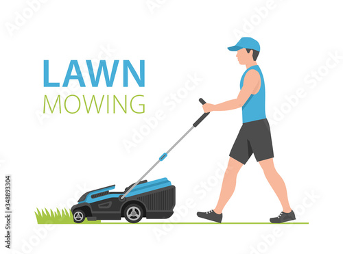Man with Blue Lawn Mower. flat style. isolated on white background