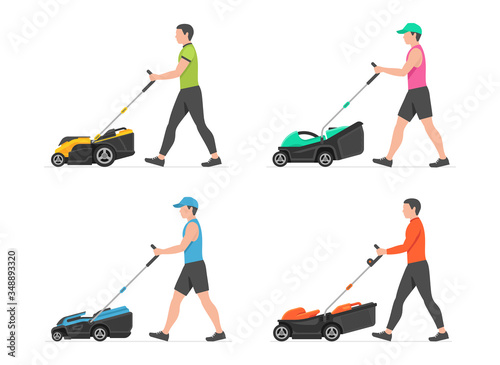 Set of Man with lawnmower. flat style. isolated on white background