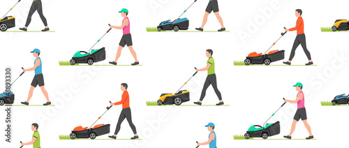 Seamless pattern with Man with lawnmower. flat style. isolated on white background
