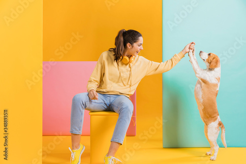 Happy woman with a dog high five. Colorful creative yellow studio background.