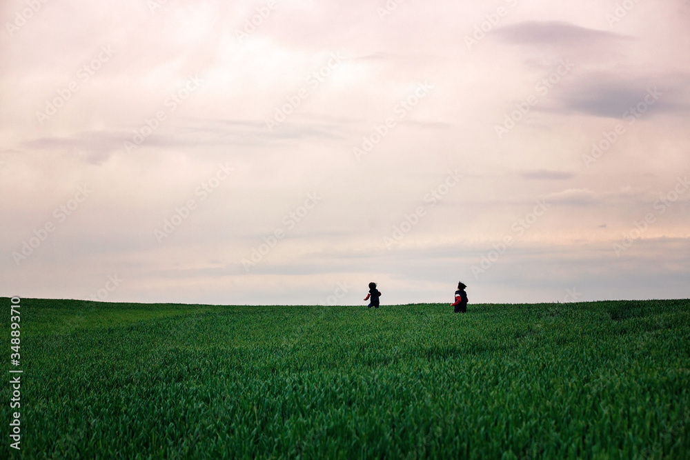 Pretenn children, boys, running in green field on a cloudy day