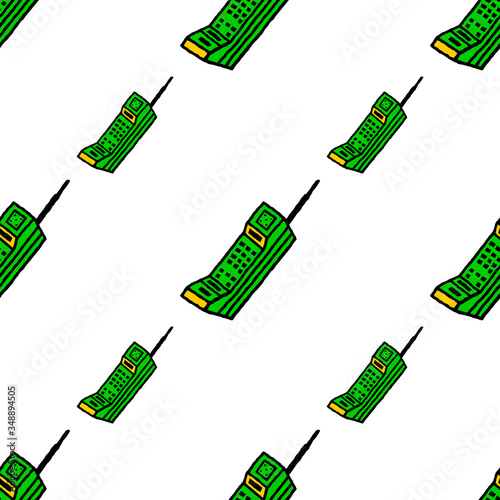 Phone. Sell phone seamless pattern. Cartoon vintage cell phone on white background isolated. Stock Vector Illustration.