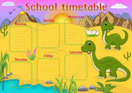 School timetable template with Brontosaurus cartoon characters. Dinosaur and its baby in a prehistoric landscape. Weekly planner for elementary school.