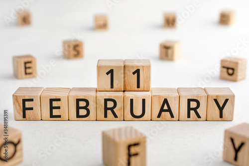 February 11 - from wooden blocks with letters, important date concept, white background random letters around