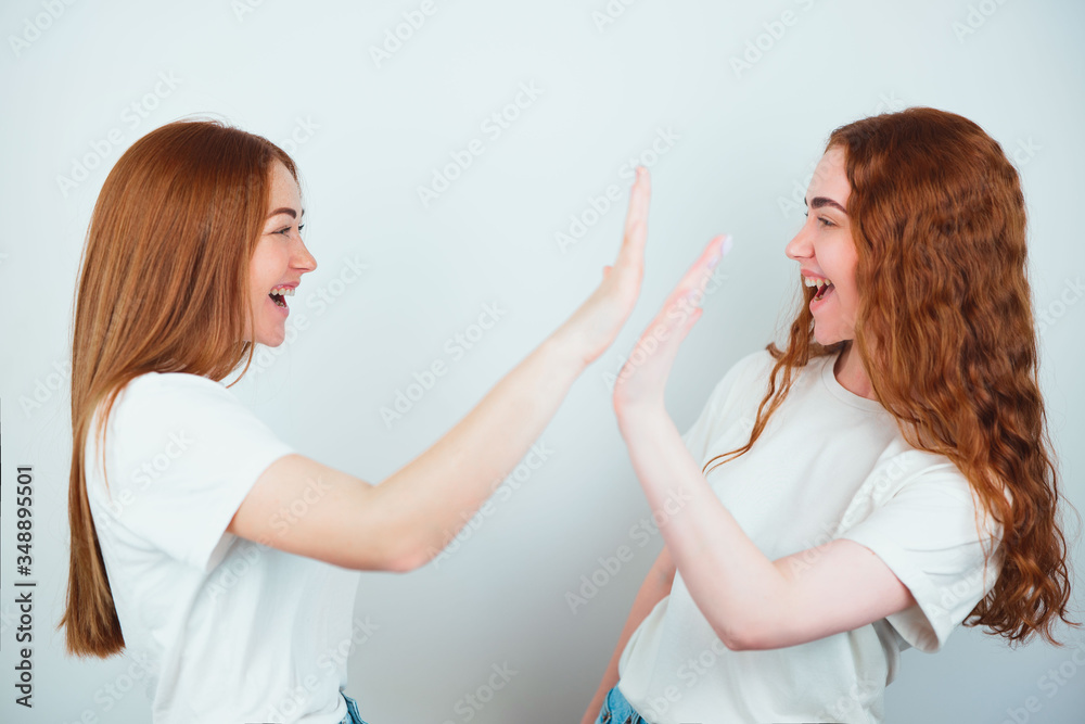 two redheaded young women both wearing t-shirts standing on isolated white backgroung look positive giving each other high five, body language concept two redheaded young women both wearing t-shirts standing on isolated white backgroung look positive giving each other high five, body language concept