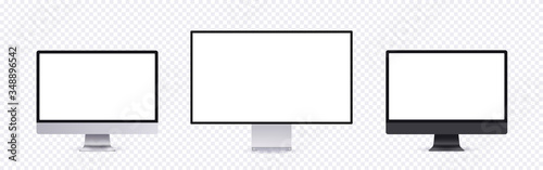 Realistic computer mockup, modern frameless monitor collection with empty screen isolated on transparent, background. Personal computer or tv set template, front view.