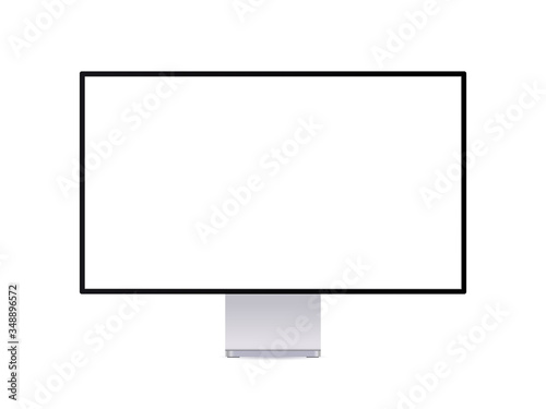 Realistic computer monitor isolated on white. Tv display modern frame wide display with empty place for showing your website or design presentation. Personal computer screen template, front view.