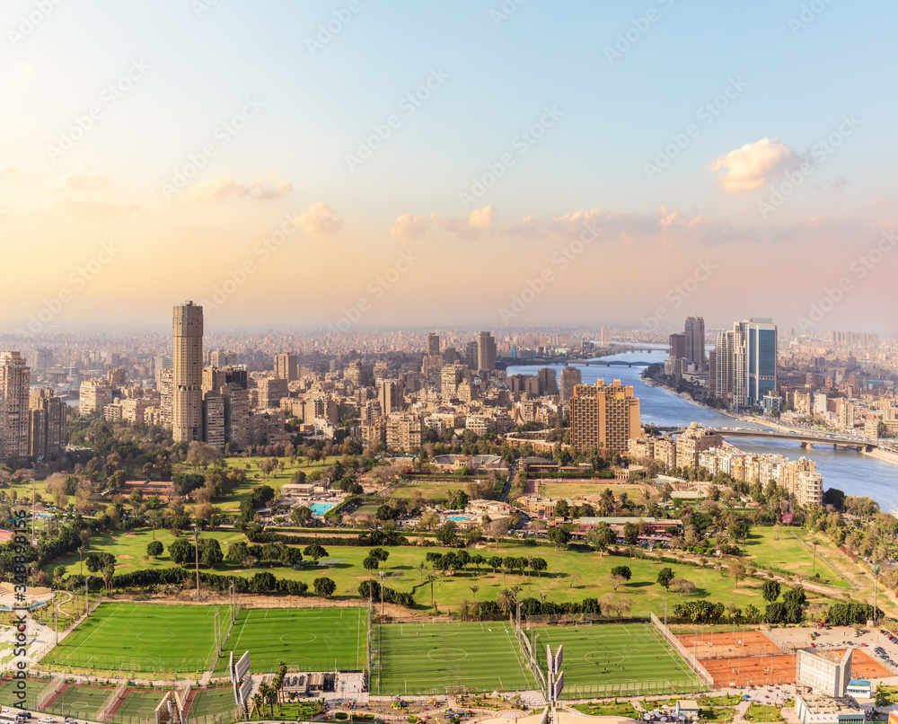 Cairo downtown, Gezira island, the football fields, the Nile and the building view, Egypt