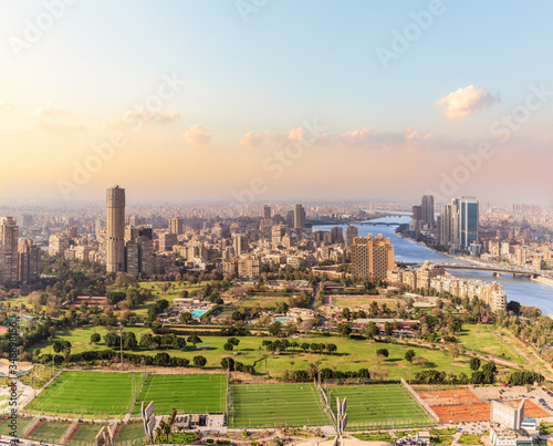 Obraz na płótnie Cairo downtown, Gezira island, the football fields, the Nile and the building view, Egypt w salonie