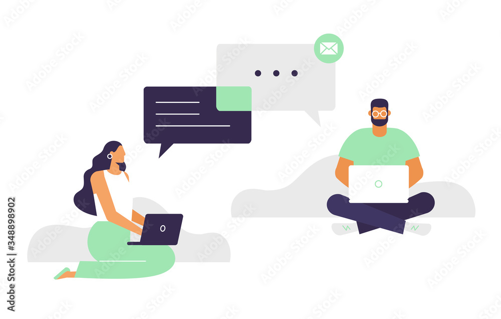 Young woman and man communicate online using laptops. Remote communication concept: online meeting, dating, call and video. Vector in flat design, isolated on white. People with speech bubbles.