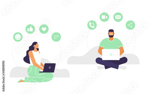 Young woman and man communicate online using laptops. Online meeting, remote dating, call, message and video. Vector in flat design, isolated on white. People with social line icons.