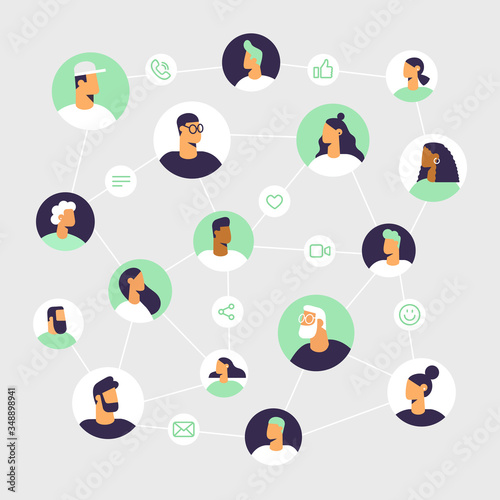 People and internet networks. Online chat and video call between friends and family. Avatars in a circle. Social line icons: call, emoji, message, share, like. Vector illustration in flat design