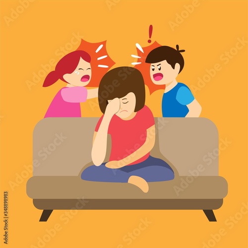 child fight and shout around parent,upset tired mother in sofa with naughty kids in cartoon flat illustration vector