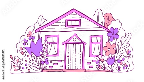 Hand drawn doodles fairy house in the village. Purple and pink cute bulding line art vector illustration.