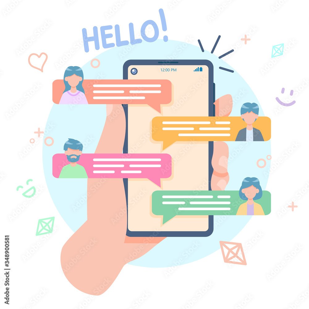Hand young person holding a mobile smartphone. Chatting with friends and sending messages concept decorated elements colorful. Vector illustrator cartoon flat design.