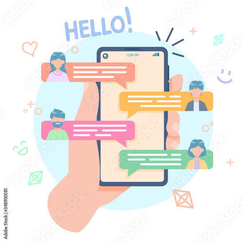 Hand young person holding a mobile smartphone. Chatting with friends and sending messages concept decorated elements colorful. Vector illustrator cartoon flat design.