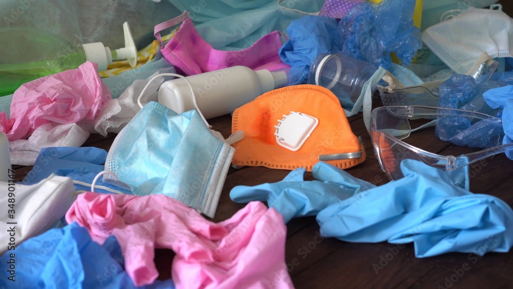 COVID19 Medical Waste Management Singleuse Personal Protective Equipment. Used face masks