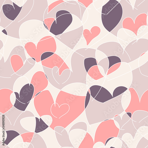 Seamless vector line art pattern. Outline purple, pink heart on neutral background. Messy abstract illustration with a hearts sign of love for wallpaper, card, textile, wrapping paper, Valentines day