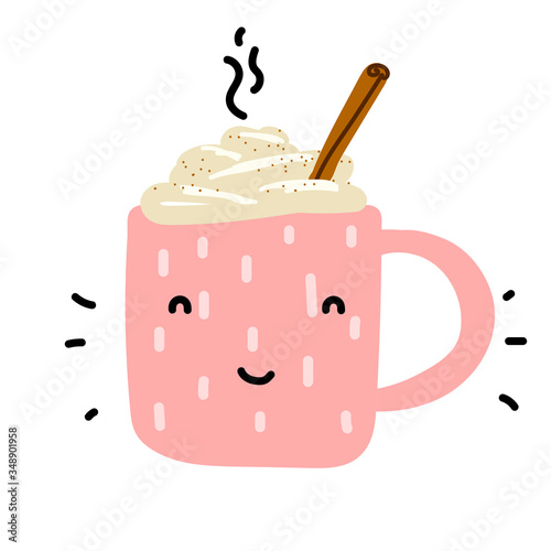 Kawaii cozy scandinavian food vector illustration. Cute smiling character. Pink cup with hot drink, cream, cinnamon. Eggnog, coffee, cocoa, milk isolated on a white background. Winter holidays element