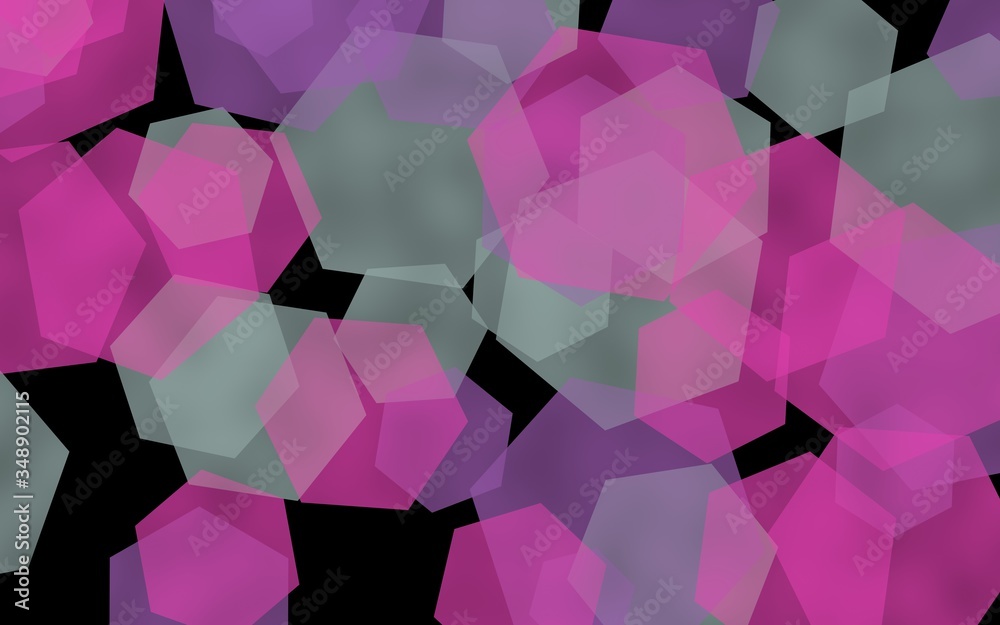 Multicolored translucent hexagons on dark background. Pink tones. 3D illustration