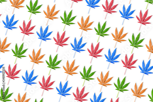 Colorful leaves of hemp or cannabis seamless pattern on isolated on white background.